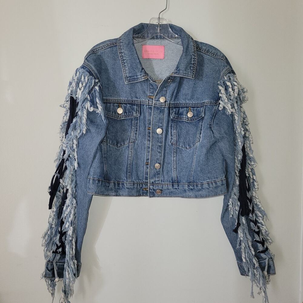 Azalea Wang Blue Denim Jacket Cropped Lace Up Sleeve Fringe Rocker Sz Large - Picture 4 of 12